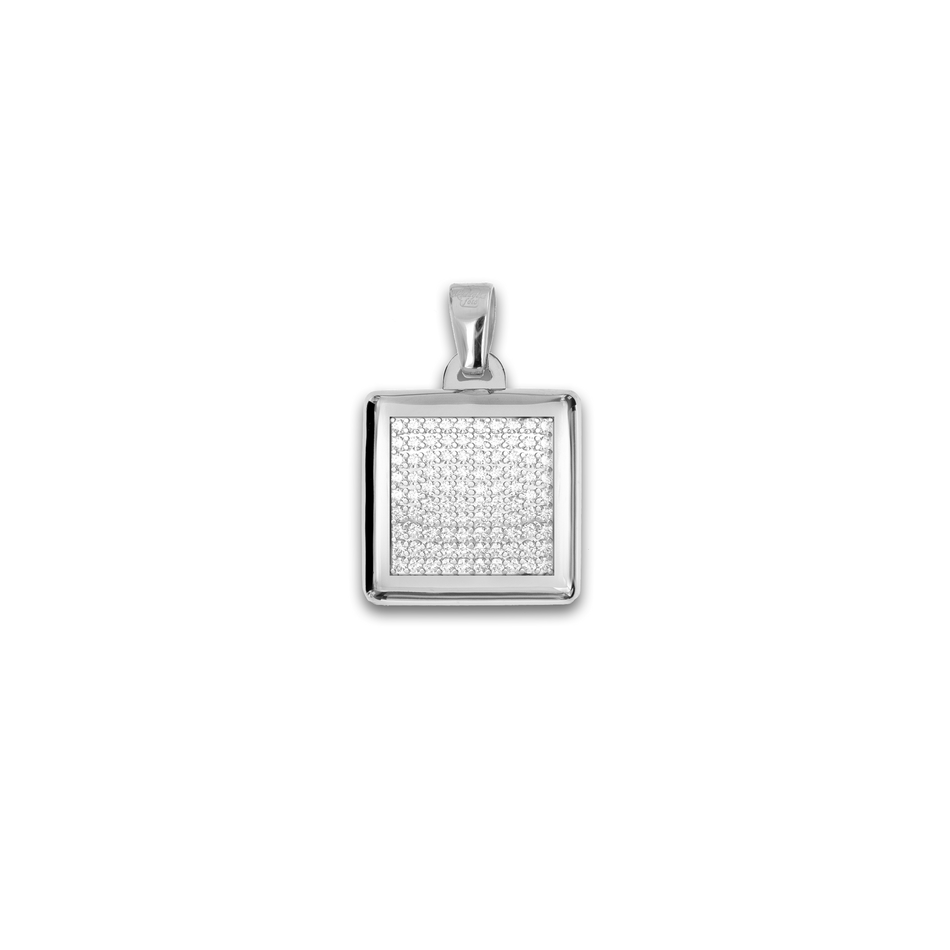 Medaglia Portafoto Quadrata in Argento - Scrigno con Pavé di Zirconi
