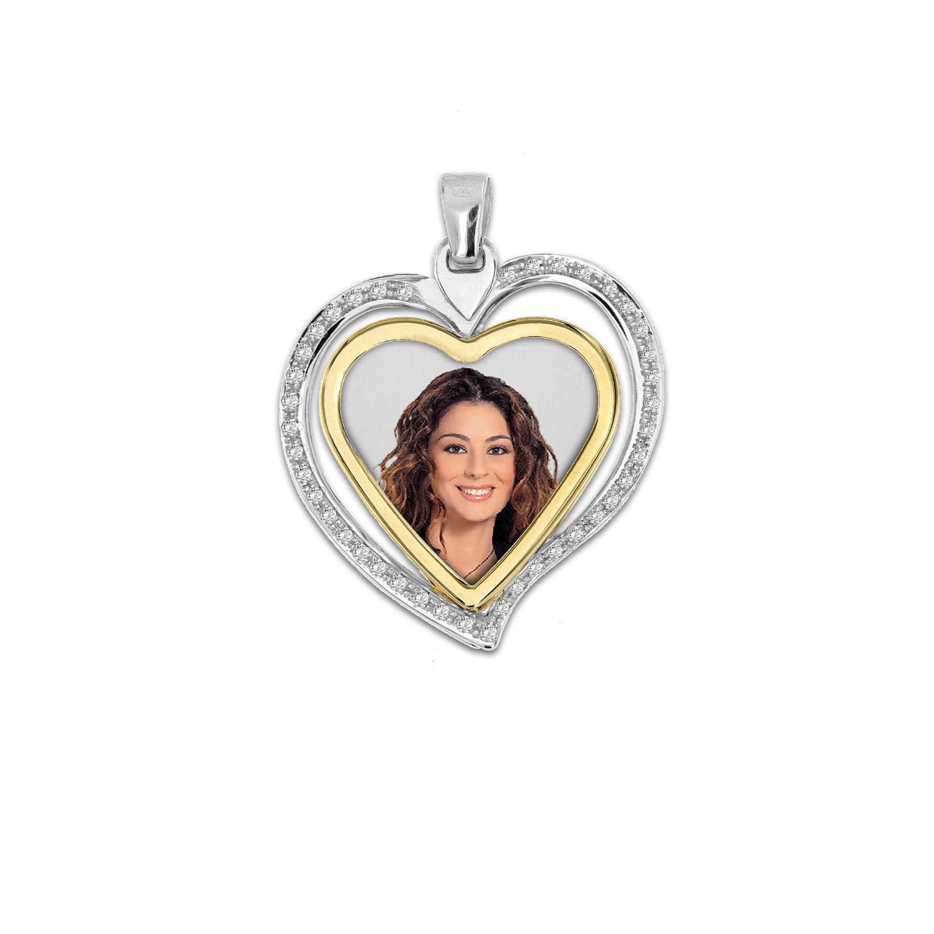 Medaglia Cuore in Argento - Doppia Cornice Bicolore con Zirconi